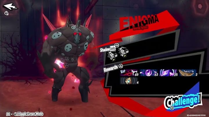 A strange shadowy creature covered in masks  with a menu next to them showing the rewards for this fight.