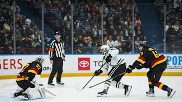 Nov 20, 2025; Vancouver, British Columbia, CAN; Vancouver Canucks defenseman Quinn Hughes (43) watches as Dallas Stars forward Colin Blackwell (15) scores on goalie Kevin Lankinen (32) in the third period at Rogers Arena. Mandatory Credit: Bob Frid-Imagn Images