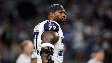 Dec 10, 2023; Arlington, Texas, USA; Dallas Cowboys offensive tackle Tyron Smith (77) on the field