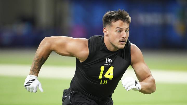 Feb 26, 2026; Indianapolis, IN, USA;  BYU linebacker Jack Kelly (LB14) during the NFL Scouting Combine at Lucas Oil Stadium. Mandatory Credit: Kirby Lee-Imagn Images