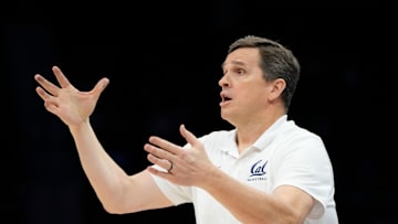 Mar 11, 2025; Charlotte, NC, USA; California Golden Bears head coach Mark Madsen reacts in overtime at Spectrum Center. Mandatory Credit: Bob Donnan-Imagn Images