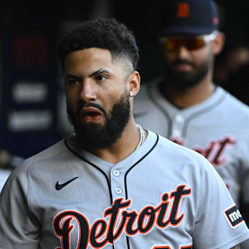 Jul 3, 2025; Washington, District of Columbia, USA; Detroit Tigers second baseman Gleyber Torres (25) in the dugout against the Washington Nationals before the game at Nationals Park. Mandatory Credit: Brad Mills-Imagn Images