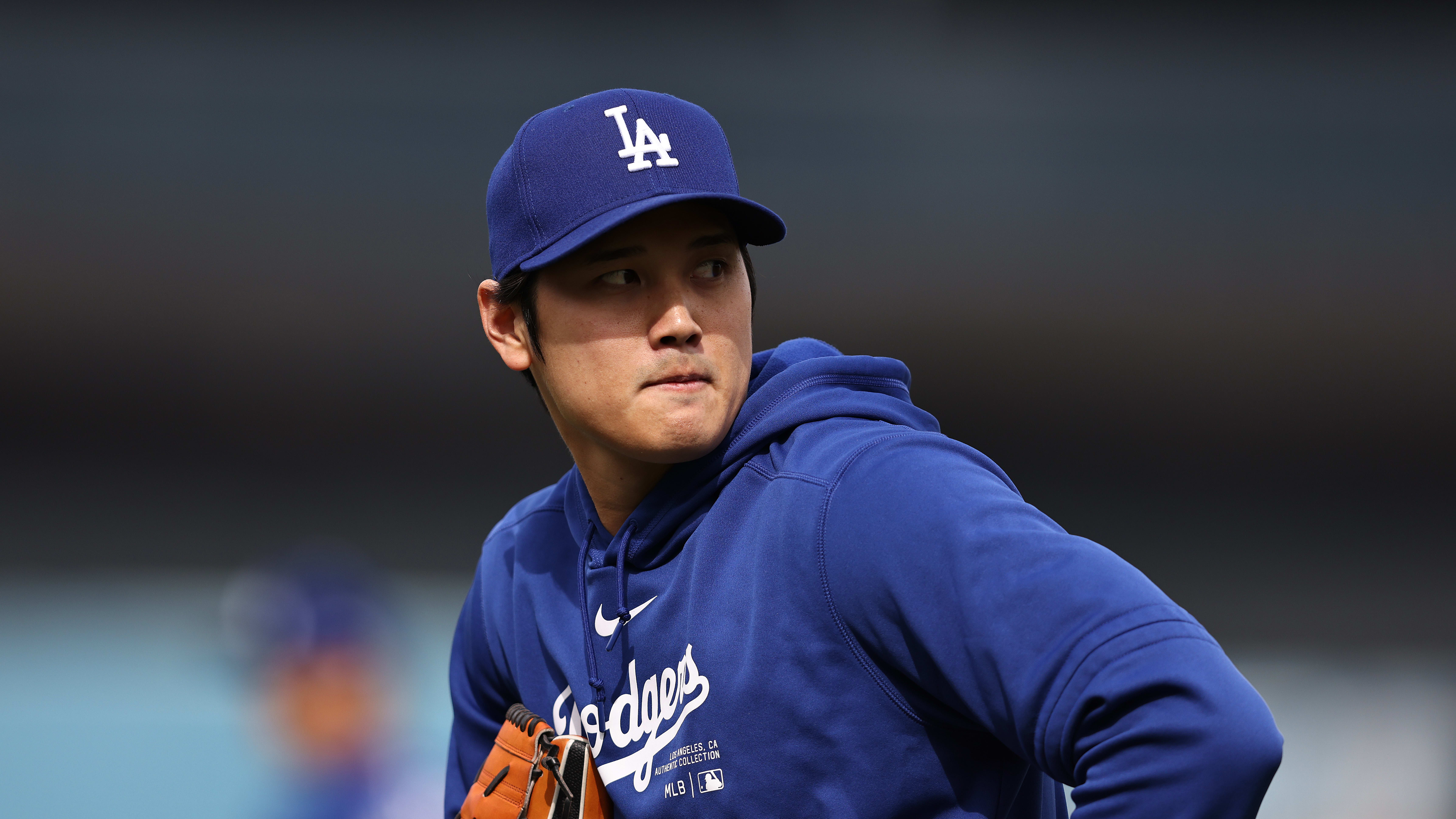 Los Angeles Dodgers star Shohei Ohtani warms up prior to Monday night's game against the Los Angeles Angels.