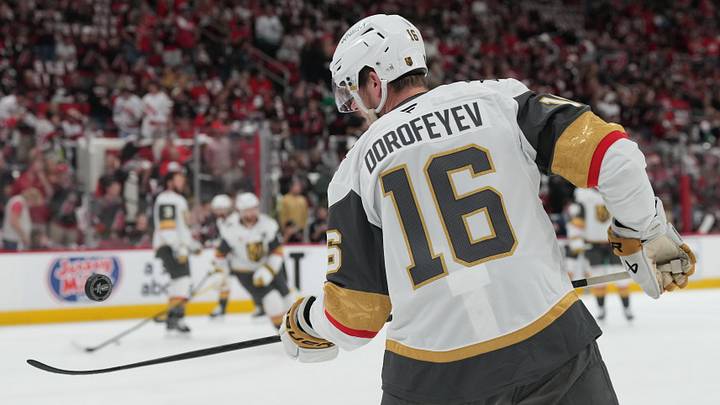 Jun 4, 2026; Raleigh, North Carolina, USA; Vegas Golden Knights right wing Pavel Dorofeyev (16) warms up before a game against the Carolina Hurricanes in game two of the 2026 Stanley Cup Final at Lenovo Center. Mandatory Credit: James Guillory-Imagn Images