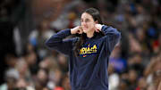 Aug 1, 2025; Dallas, Texas, USA;  Indiana Fever guard Caitlin Clark (22) walks on to the court during the second half against the Dallas Wings at the American Airlines Center. Mandatory Credit: Jerome Miron-Imagn Images
