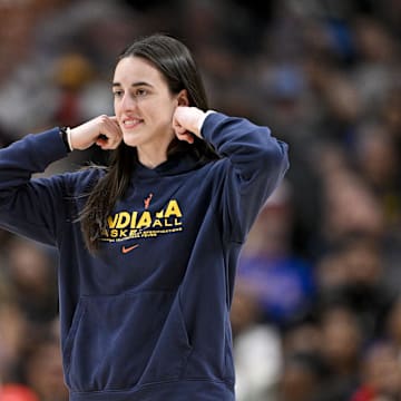 Aug 1, 2025; Dallas, Texas, USA;  Indiana Fever guard Caitlin Clark (22) walks on to the court during the second half against the Dallas Wings at the American Airlines Center. Mandatory Credit: Jerome Miron-Imagn Images