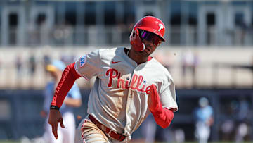 Philadelphia Phillies outfielder Justin Crawford (80) runs home to score against the Tampa Bay Rays during the fourth inning at Charlotte Sports Park in 2025.