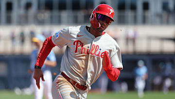 Feb 25, 2025; Port Charlotte, Florida, USA;  Philadelphia Phillies outfielder Justin Crawford (80) runs home to score against the Tampa Bay Rays during the fourth inning at Charlotte Sports Park. Mandatory Credit: Kim Klement Neitzel-Imagn Images
