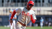 Feb 25, 2025; Port Charlotte, Florida, USA;  Philadelphia Phillies outfielder Justin Crawford (80) runs home to score against the Tampa Bay Rays during the fourth inning at Charlotte Sports Park. 