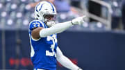 Sep 17, 2023; Houston, Texas, USA; Indianapolis Colts cornerback Dallis Flowers (33) motions prior to the game against the Houston Texans at NRG Stadium. Mandatory Credit: Maria Lysaker-USA TODAY Sports