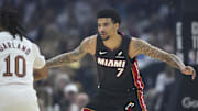 Apr 23, 2025; Cleveland, Ohio, USA; Miami Heat center Kel'el Ware (7) defends Cleveland Cavaliers guard Darius Garland (10) in the first quarter of game two of the first round of the 2025 NBA Playoffs at Rocket Arena. Mandatory Credit: David Richard-Imagn Images