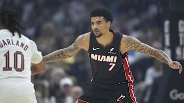 Apr 23, 2025; Cleveland, Ohio, USA; Miami Heat center Kel'el Ware (7) defends Cleveland Cavaliers guard Darius Garland (10) in the first quarter of game two of the first round of the 2025 NBA Playoffs at Rocket Arena. Mandatory Credit: David Richard-Imagn Images