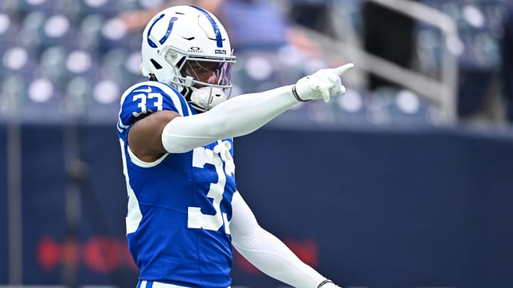 Sep 17, 2023; Houston, Texas, USA; Indianapolis Colts cornerback Dallis Flowers (33) motions prior to the game against the Houston Texans at NRG Stadium. Mandatory Credit: Maria Lysaker-USA TODAY Sports