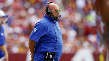 Sep 7, 2025; Landover, Maryland, USA; New York Giants head coach Brian Daboll looks on during the second quarter against the Washington Commanders at Northwest Stadium. Mandatory Credit: Peter Casey-Imagn Images
