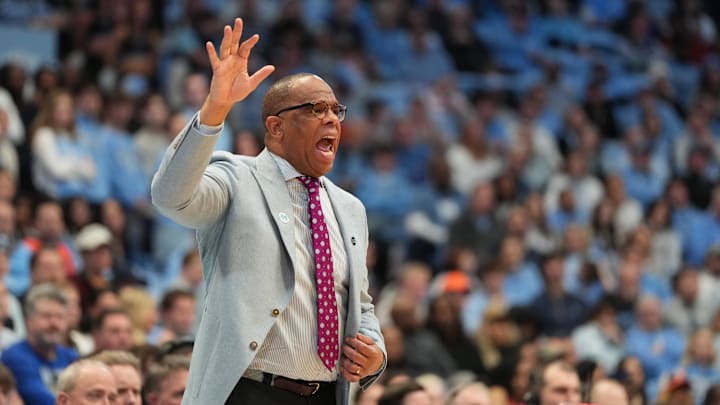 Feb 2, 2026; Chapel Hill, North Carolina, USA;  North Carolina Tar Heels head coach Hubert Davis reacts in the second half at Dean E. Smith Center. Mandatory Credit: Bob Donnan-Imagn Images