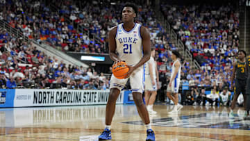 Mar 23, 2025; Raleigh, NC, USA; Duke Blue Devils center Patrick Ngongba II (21) shoots for the basket during the first half against the Baylor Bears in the second round of the NCAA Tournament at Lenovo Center.