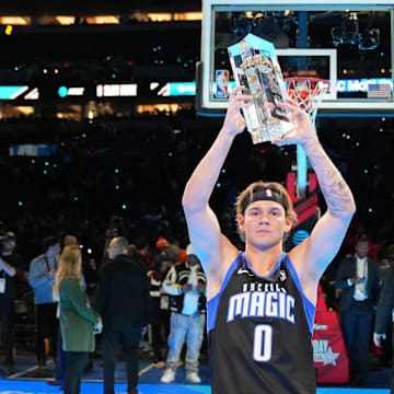 Feb 17, 2024; Osceola Magic guard Mac McClung (0) after winning the slam dunk competition during NBA All Star Saturday Night at Lucas Oil Stadium. 