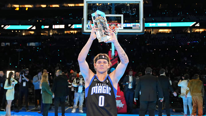 Feb 17, 2024; Osceola Magic guard Mac McClung (0) after winning the slam dunk competition during NBA All Star Saturday Night at Lucas Oil Stadium. 