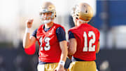 Notre Dame quarterbacks CJ Carr (13) and Blake Hebert (12) during a Notre Dame football spring practice at Irish Athletic Center on Wednesday, March 19, 2025, in South Bend.