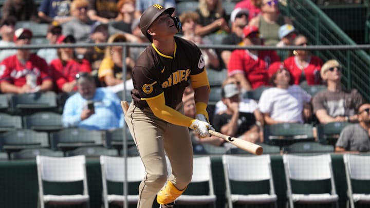 Jase Bowen (45) hits against the Los Angeles Angels in the first inning at Tempe Diablo Stadium.