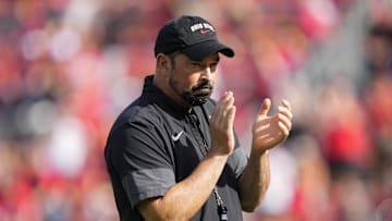 Oct 18, 2025; Madison, Wisconsin, USA;  Ohio State Buckeyes head coach Ryan day during warmups prior to the game against the Wisconsin Badgers at Camp Randall Stadium. Mandatory Credit: Jeff Hanisch-Imagn Images