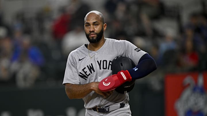 Aug 4, 2025; Arlington, Texas, USA; New York Yankees right fielder Amed Rosario (14) during the game between the Texas Rangers and the New York Yankees at Globe Life Field. Mandatory Credit: Jerome Miron-Imagn Images Aug 4, 2025; Arlington, Texas, USA; New York Yankees right fielder Amed Rosario (14) during the game between the Texas Rangers and the New York Yankees at Globe Life Field. Mandatory Credit: Jerome Miron-Imagn Images