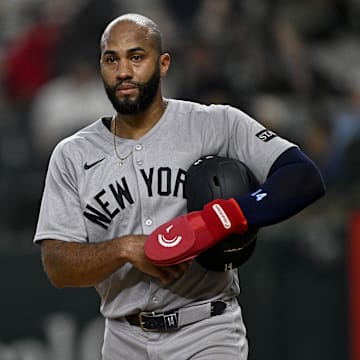 Aug 4, 2025; Arlington, Texas, USA; New York Yankees right fielder Amed Rosario (14) during the game between the Texas Rangers and the New York Yankees at Globe Life Field. Mandatory Credit: Jerome Miron-Imagn Images