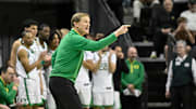 Mar 4, 2025; Eugene, Oregon, USA; Oregon head coach Dana Altman calls directs his team late in the game against the Indiana Hoosiers at Matthew Knight Arena. Mandatory Credit: Craig Strobeck-Imagn Images