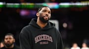 Apr 3, 2025; Philadelphia, Pennsylvania, USA; Philadelphia 76ers center Joel Embiid looks on after the game against the Milwaukee Bucks at Wells Fargo Center. Mandatory Credit: Kyle Ross-Imagn Images