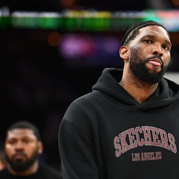Apr 3, 2025; Philadelphia, Pennsylvania, USA; Philadelphia 76ers center Joel Embiid looks on after the game against the Milwaukee Bucks at Wells Fargo Center. Mandatory Credit: Kyle Ross-Imagn Images
