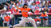 Sep 28, 2025; Anaheim, California, USA; Houston Astros starting pitcher Lance McCullers Jr. (43) delivers during the first inning against the Los Angeles Angels at Angel Stadium. Mandatory Credit: William Liang-Imagn Images