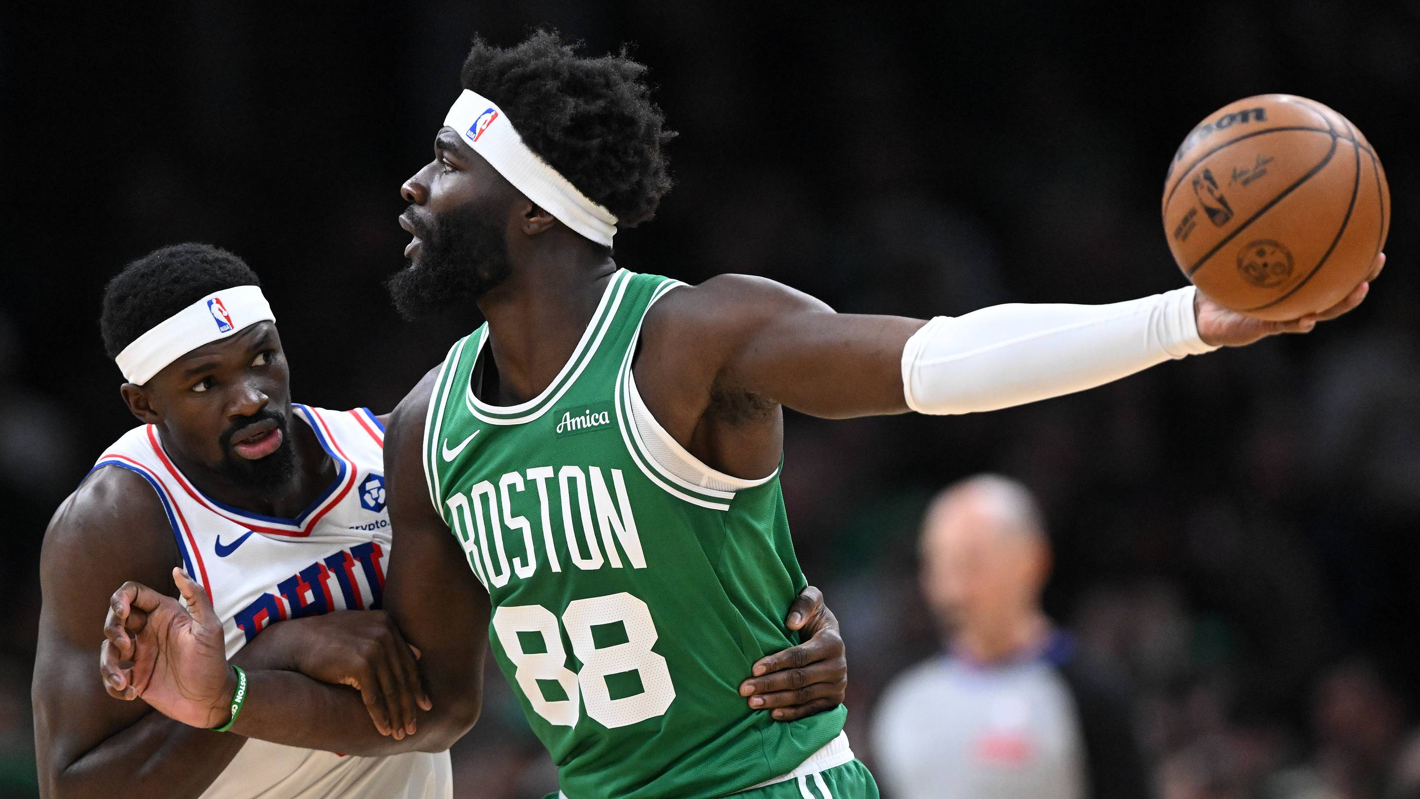 Boston Celtics center Neemias Queta (88) controls the ball against the Philadelphia 76ers in the first half of a game two of the first round of the 2026 NBA Playoffs at TD Garden. Mandatory Credit: Brian Fluharty-Imagn Images