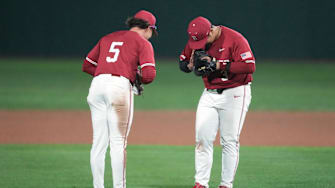 Mar 1, 2025; Stanford, CA, USA; Stanford Cardinal first baseman Rintaro Sasaki (right) and third baseman Trevor Haskins (5) celebrate after defeating the Xavier Musketeers at Sunken Diamond. Mandatory Credit: Darren Yamashita-Imagn Images