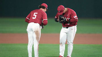 Mar 1, 2025; Stanford, CA, USA; Stanford Cardinal first baseman Rintaro Sasaki (right) and third baseman Trevor Haskins (5) celebrate after defeating the Xavier Musketeers at Sunken Diamond. Mandatory Credit: Darren Yamashita-Imagn Images