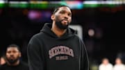 Philadelphia 76ers center Joel Embiid looks on after the game against the Milwaukee Bucks.