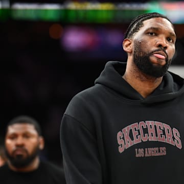 Philadelphia 76ers center Joel Embiid looks on after the game against the Milwaukee Bucks.