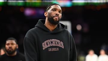 Apr 3, 2025; Philadelphia, Pennsylvania, USA; Philadelphia 76ers center Joel Embiid looks on after the game against the Milwaukee Bucks at Wells Fargo Center. Mandatory Credit: Kyle Ross-Imagn Images