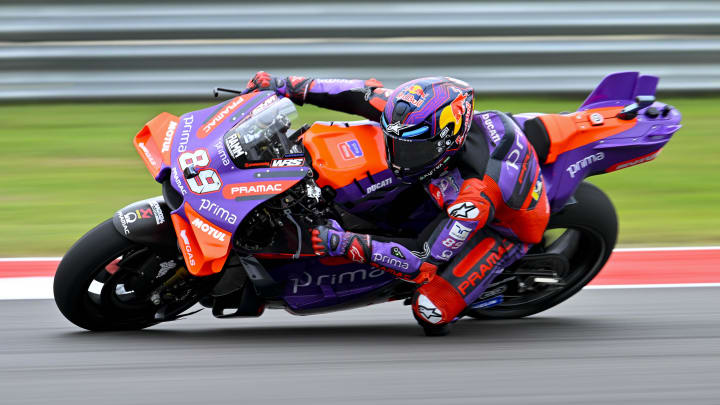 Apr 14, 2024; Austin, TX, USA; Jorge Martin (89) of Spain and Prima Pramac Racing rides in warmups before the start of the MotoGP Grand Prix of The Americas at Circuit of The Americas. Mandatory Credit: Jerome Miron-USA TODAY Sports