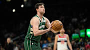 Apr 2, 2024; Washington, District of Columbia, USA; Milwaukee Bucks forward Danilo Gallinari (12) shoots a free throw during the first quarter against the Washington Wizards at Capital One Arena. Mandatory Credit: Reggie Hildred-Imagn Images