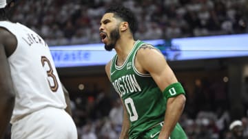 May 13, 2024; Cleveland, Ohio, USA; Boston Celtics forward Jayson Tatum (0) reacts in the second