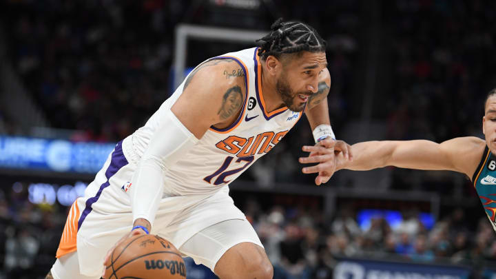 Feb 4, 2023; Detroit, Michigan, USA;  Phoenix Suns forward Ish Wainwright (12) drives to the basket against the Detroit Pistons in the fourth quarter at Little Caesars Arena. Mandatory Credit: Lon Horwedel-USA TODAY Sports