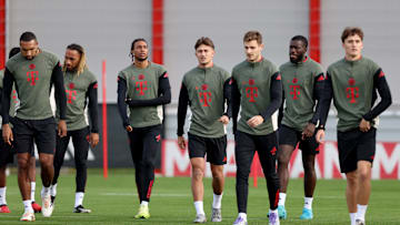 Bayern Munich players training ahead of Champions League clash against Club Brugge.