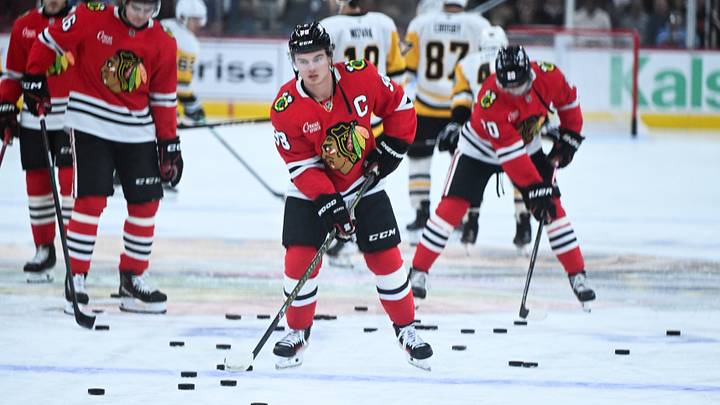 Oct 13, 2026; Chicago, Illinois, USA;  Chicago Blackhawks center Connor Bedard (98) during warmups before the game against the Pittsburgh Penguins b at United Center.  Mandatory Credit: Matt Marton-Imagn Images