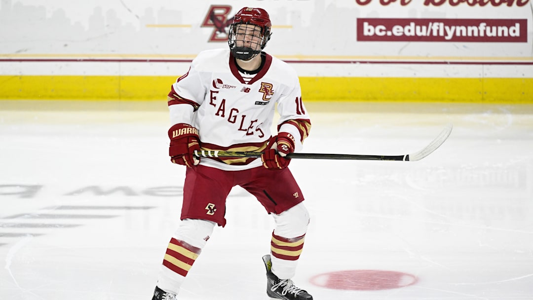 Feb 28, 2025; Chestnut Hill, MA, USA; Boston College forward James Hagens (10) skates against the University of New Hampshire Wildcats during the second period at Conte Forum. Mandatory Credit: Eric Canha-Imagn Images