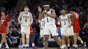 Mar 23, 2025; Cleveland, OH, USA; Michigan State Spartans guard Jeremy Fears Jr. (1) reacts in the second half against the New Mexico Lobos during the NCAA Tournament Second Round at Rocket Arena. Mandatory Credit: Rick Osentoski-Imagn Images