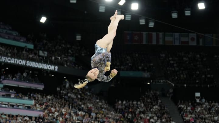 Jul 28, 2024; Paris, France; Jade Carey of the United States performs on the vault in womenís qualification during the Paris 2024 Olympic Summer Games at Bercy Arena. Mandatory Credit: Kyle Terada-USA TODAY Sports