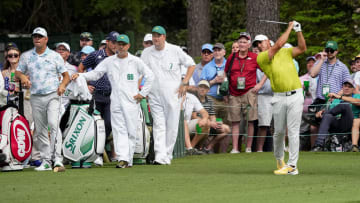 Apr 6, 2023; Augusta, Georgia, USA; Brooks Koepka hits on the 16th hole during the first round of