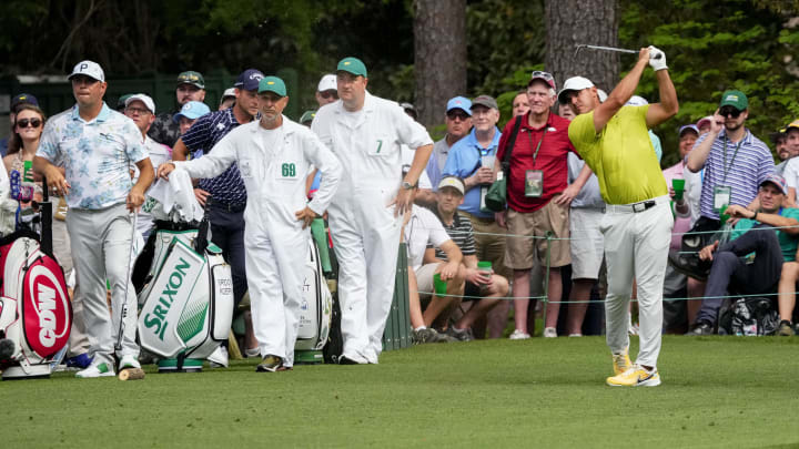 Apr 6, 2023; Augusta, Georgia, USA; Brooks Koepka hits on the 16th hole during the first round of