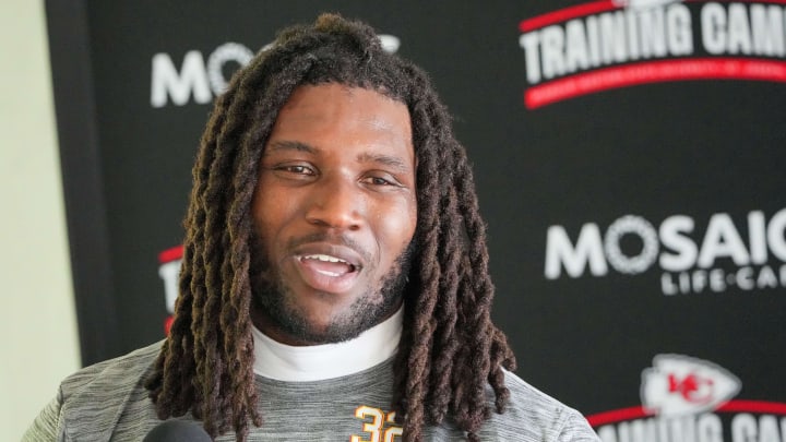 Jul 22, 2024; St. Joseph, MO, USA; Kansas City Chiefs linebacker Nick Bolton (32) talks with media after training camp at Missouri Western State University. Mandatory Credit: Denny Medley-USA TODAY Sports