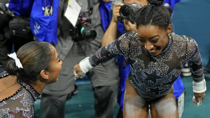 Jul 28, 2024: Jordan Chiles and Simone Biles of the United States react after women's qualification during the Paris 2024 Olympic Summer Games at Bercy Arena.